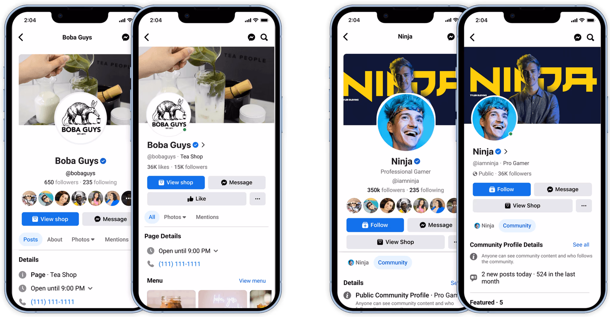 Four redesigned Facebook profile types on mobile